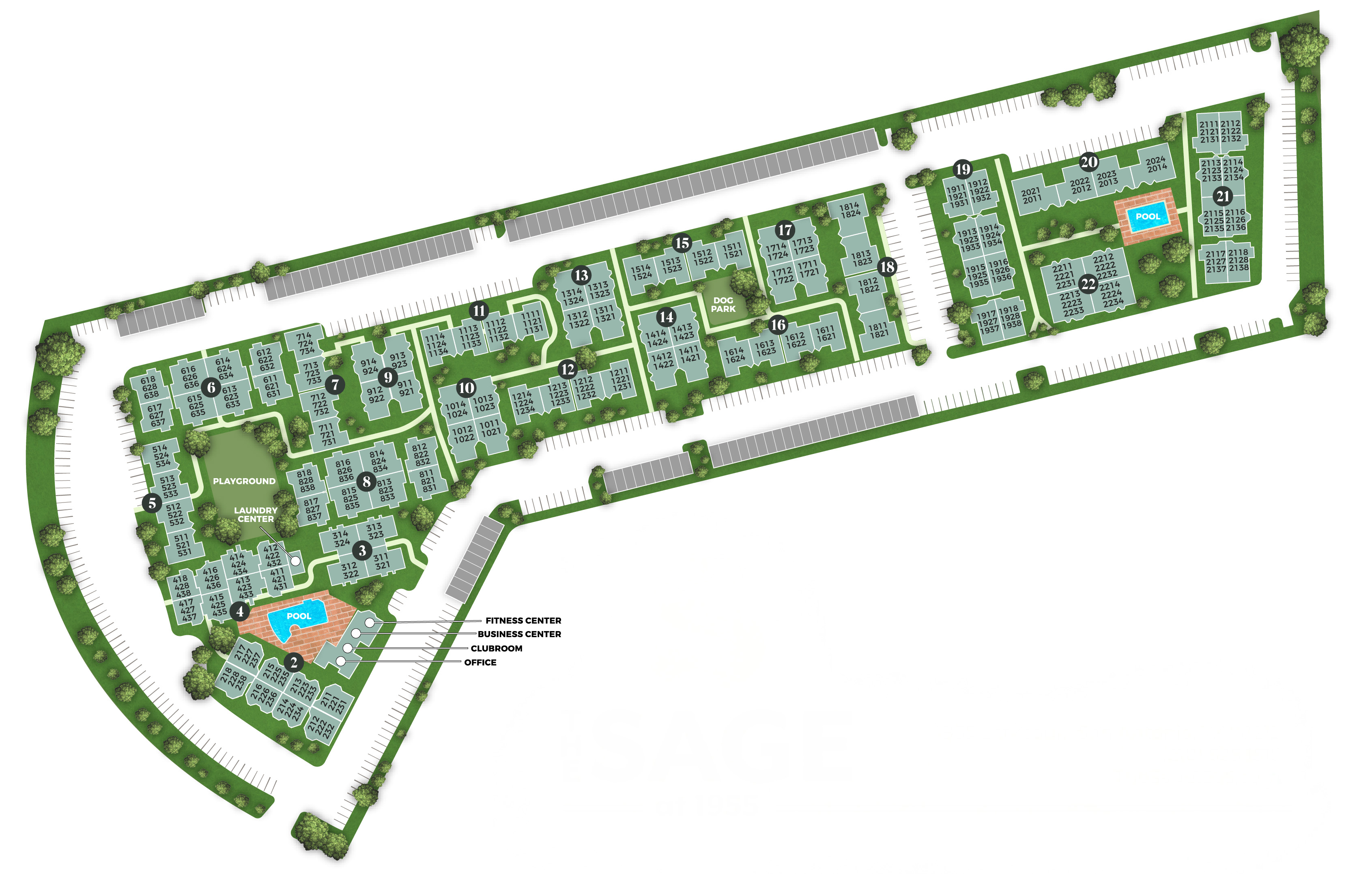 The Haven Community Site Map - Aerial view showing buildings, pools, and amenities